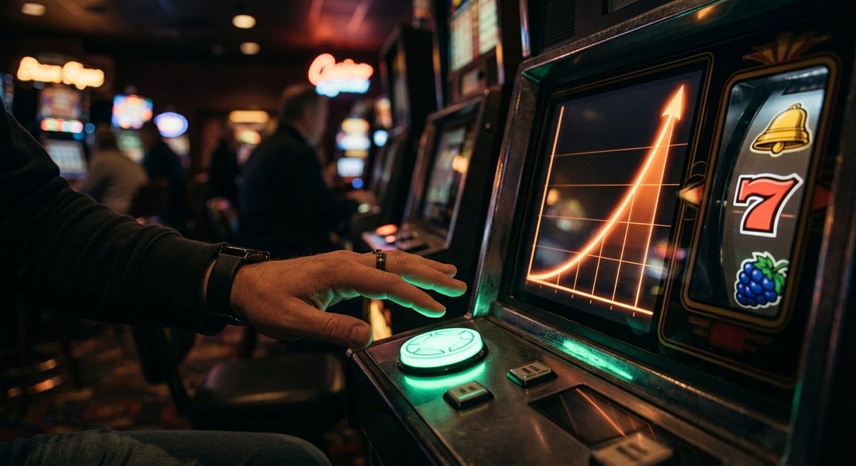 Tangan pemain berhenti sejenak di atas tombol dengan layar kurva crash naik dan lampu neon simbol slot di belakangnya