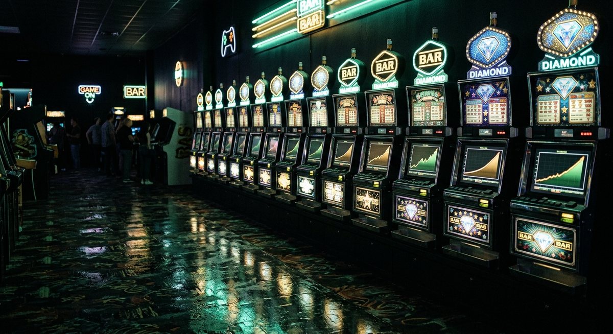 Deretan kabinet permainan dengan layar kurva naik bercahaya mint di ruangan gelap berhias simbol BAR dan diamond