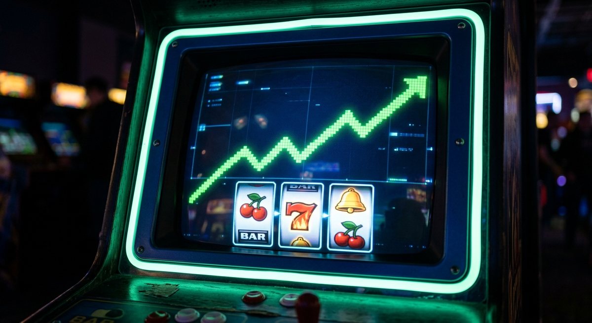 Layar mesin menampilkan kurva pengganda crash yang menanjak dengan simbol slot cherry seven bell di bawahnya