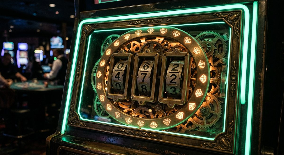 Papan angka pengganda bergaya roll digit mesin slot dengan deretan angka naik dan simbol seven BAR diamond di pinggirnya