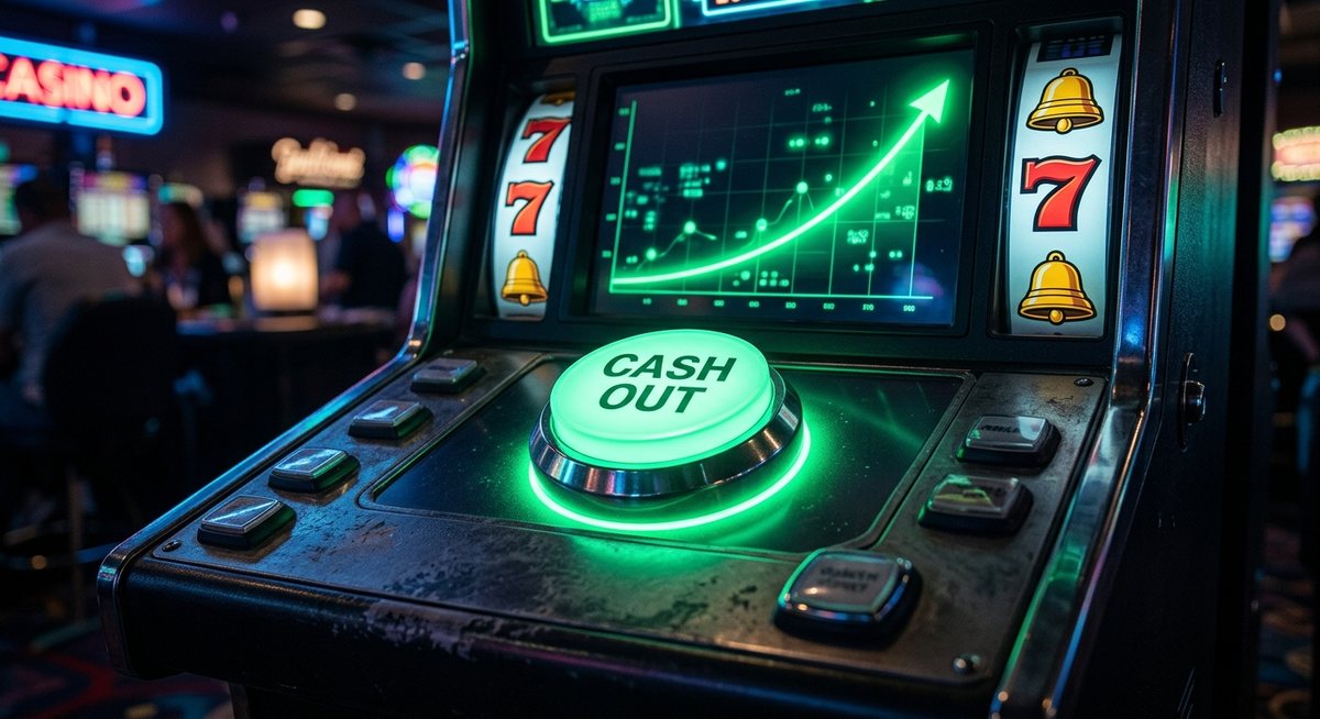 Tombol cash-out menyala mint di depan layar kurva pengganda dengan gulungan slot berwarna di sisi kabinet