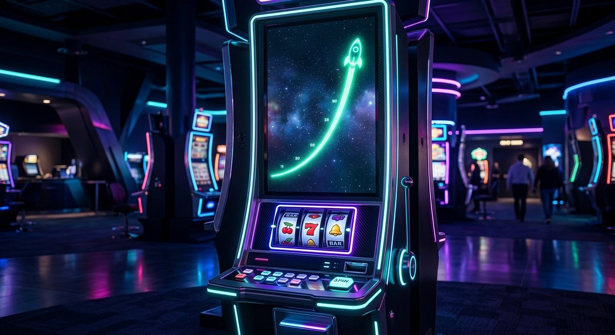 Kabinet permainan dengan layar kurva pengganda crash menanjak dan gulungan simbol slot cherry seven bell di bawahnya